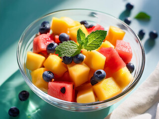 A colorful bowl of assorted fruit topped with a fresh mint leaf, showcasing vibrant colors and textures, ai.