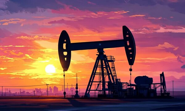 A sunset view of an oil pump jack silhouette against a colorful sky.