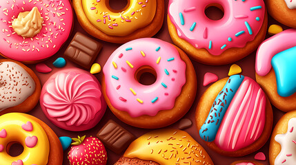 Colorful donuts and cakes create vibrant and delightful pattern, showcasing variety of textures and toppings that evoke sense of joy and indulgence