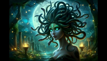 Medusa Under the Moonlight in an Enchanted Forest
