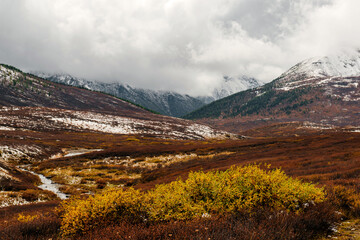 the autumn plateau of Yeshtykol in Altai, dusted with the first snow