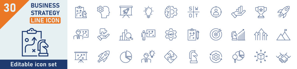 Business Strategy line icon set. Set of 30 outline icons related to strategy, startup, teamwork, people, plan, payment, management, target, employee, infographic and others. Vector illustration.