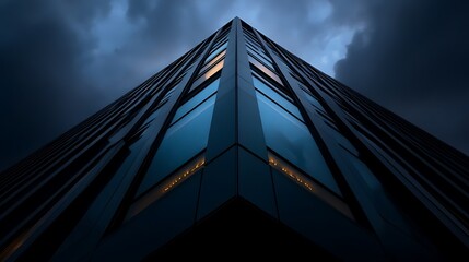 Low angle view of a modern glass building against a stormy sky.