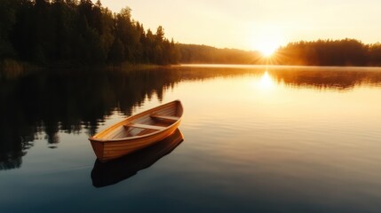 A tranquil lake scene at sunset, featuring a solitary wooden rowing boat, evokes feelings of peace, solitude, and the enduring beauty of nature and reflection.