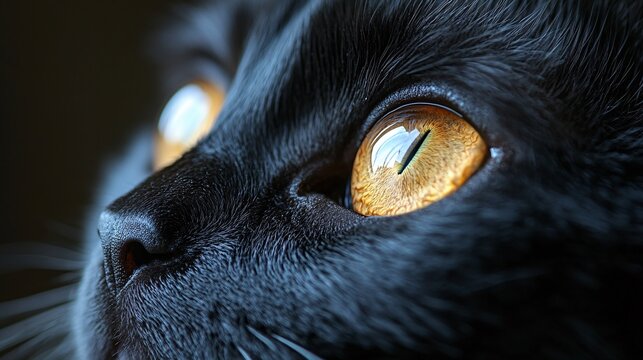 close-up front view of a black cat yellow eyes peering from the darkness - Powered by Adobe
