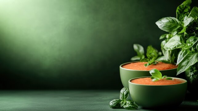 In a serene green setting, two bowls of aromatic soup topped with fresh herbs, symbolize the essence of sharing, comfort, and the richness of culinary tradition.