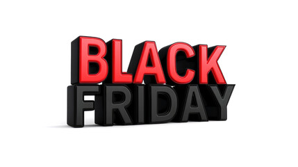 3D red and black "Black Friday" text on a white background, ideal for bold and dynamic retail promotions and holiday shopping events.