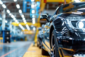 Obraz premium Brand new black car is waiting on the assembly line of a contemporary automobile factory