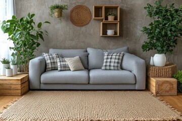 Creative composition of stylish modern spacious living room with grey sofa, wooden cubes, pillows, plaid, carpet, white vases and small personal accesories. Copy space, Generative AI