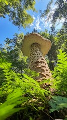Fototapeta premium Majestic mushroom reaching towards blue sky in a lush forest environment