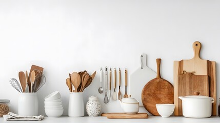 Kitchenware and utensils on a white shelf or counter. Banner with a white wall background and copy space. Kitchen cooking decor. 