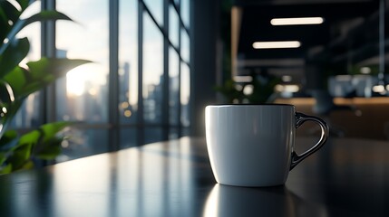 A white coffee mug sits on a table in a modern office space with a city skyline view through the window.