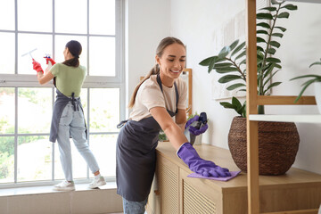 Female janitor cleaning commode in room
