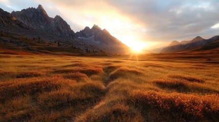 As the sun rises, its light blankets a valley in golden hues, surrounded by towering peaks, highlighting the majesty and tranquility of the natural landscape.