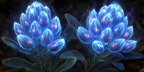 Naklejka premium Glowing Blue Flowers with Shimmering Light Effects Night Bloom Photography
