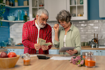 in a bright kitchen an elderly cute couple at the table count their expenses monthly payment utility bills count money smiling checking on tablet laughing