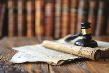 Judge's gavel laying on top of an old law book in a library, legal concept