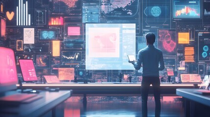 13. Career professional surrounded by creative equipment like sketchpads, cameras, and tablets, working on a futuristic goal-setting app 