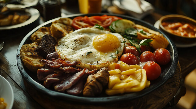 Hearty breakfast plate featuring fried eggs, bacon, sausages, tomatoes, potatoes, and toast. A delicious, traditional breakfast spread ideal for starting the day with a satisfying and filling mea