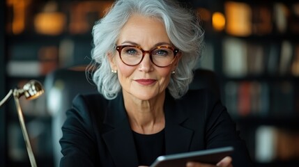A sophisticated older woman with gray hair and glasses sits confidently in a library, exuding elegance and wisdom, surrounded by books in a professional setting.