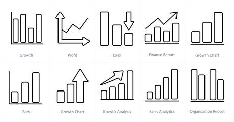 A set of 10 Diagrams and Reports icons as growth, profit, loss