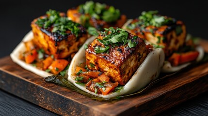Succulent spicy tofu tacos are artfully arranged with fresh herbs, providing a vibrant and mouth-watering aroma that entices the senses with every glance.