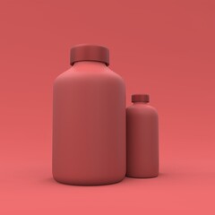 Medicine plastic bottles on the red background. Medicine package design. 3d illustration.