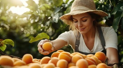 In an orchard, a young woman in a straw hat thoughtfully picks ripe apricots, symbolizing the peaceful and rewarding experience of organic fruit cultivation.