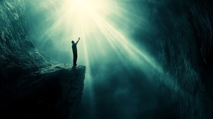 A man seeking divine assistance, standing on a steep cliff under radiant light beams