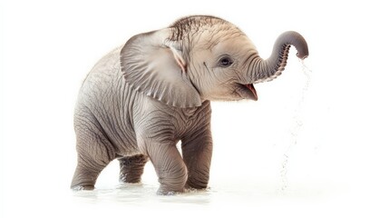 Obraz premium Cute baby elephant playing with water, realistic detail and texture, soft lighting, isolated on a white background