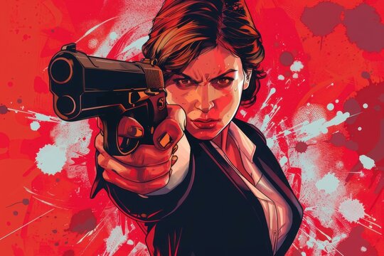 Illustration of a serious female secret agent holding a gun on a red background