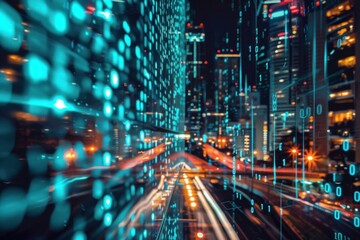 Futuristic cityscape at night with digital overlays of binary code streaming down the buildings