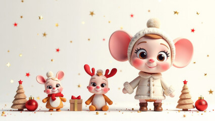 Fototapeta premium Funny, cute, New Year cartoon characters on a white background. Free space for text.