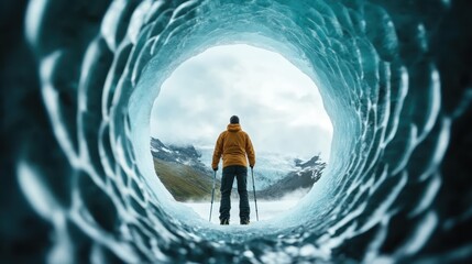 An inspiring image of a traveler in an orange jacket standing in an ice tunnel beneath a glacier, symbolizing exploration and appreciation of nature's wonders.