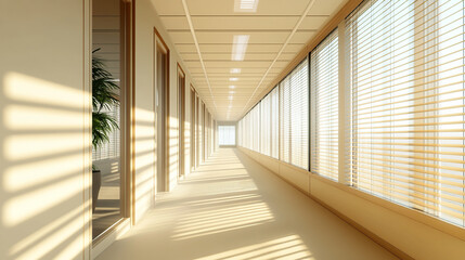 Obraz premium A long hallway in an office building with large windows and doors