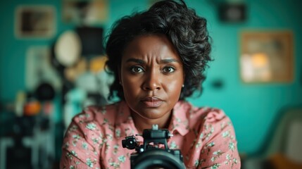 A woman in a stylish floral top intensely focuses while positioning a camera, set against a blurred artistic background full of creative energy and anticipation.