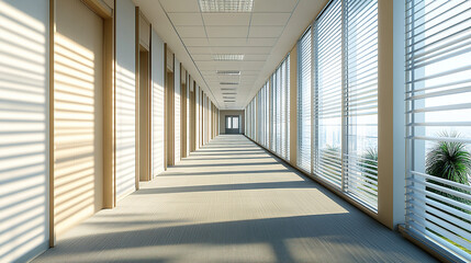 Obraz premium A long hallway in an office building with large windows and doors