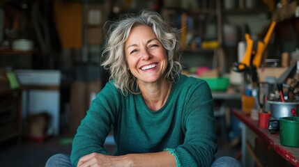 A cheerful, mature woman with gray hair smiles warmly inside her cozy workshop, surrounded by various tools, embodying joy and contentment.