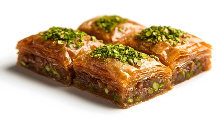 turkish pistachio baklava on a white background. 