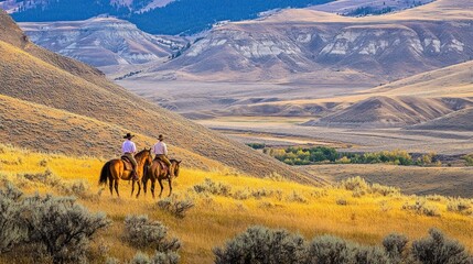 Obraz premium Two cowboys on horseback riding through a vast valley with golden hills.