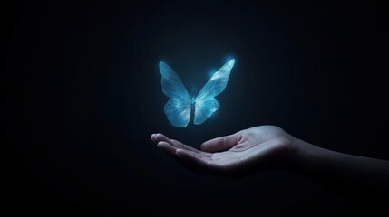 A serene hand holding a glowing butterfly in a dark background.