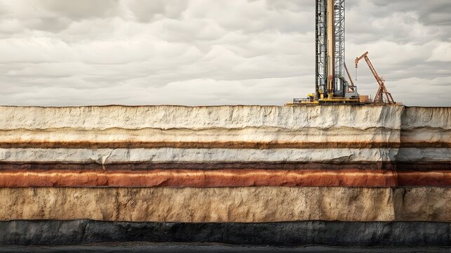 Cross section of Oil Shale Layers with Drilling Machinery Extracting Fuel Resources