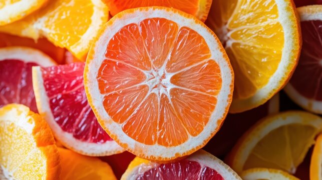Sliced citrus fruits in an array of vibrant colors, focusing on the inside detail, showing rich textures and fresh juiciness, perfect for health lovers.