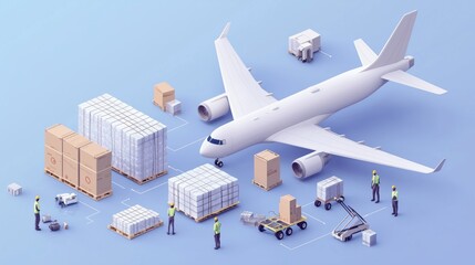 Airplane with cargo and workers on a blue background.