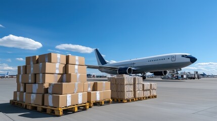 Cargo boxes on pallet at airfield beside a large airplane under a blue sky.