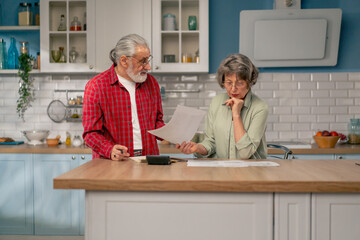 in bright kitchen an elderly cute couple at the table count their expenses monthly payment summing up the results of the year utilities count monthly survival count money