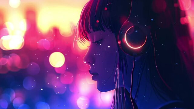 anime girl with headphone in dreamy style with glowing blurred lights seamless looping overlay 4k virtual video animation background