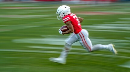 A dynamic shot of american football player in motion, wearing a red jersey and white helmet, sprinting across the field while carrying a football.