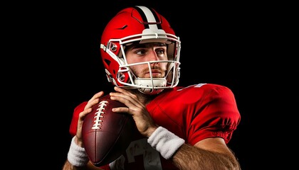 A focused american football player in a red jersey prepares to throw a pass, showcasing athleticism against a dark background.