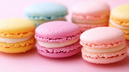 Fototapeta premium Sweet Delight: Soft Pastel Macarons on Pink Background for Elegant Dessert Scene